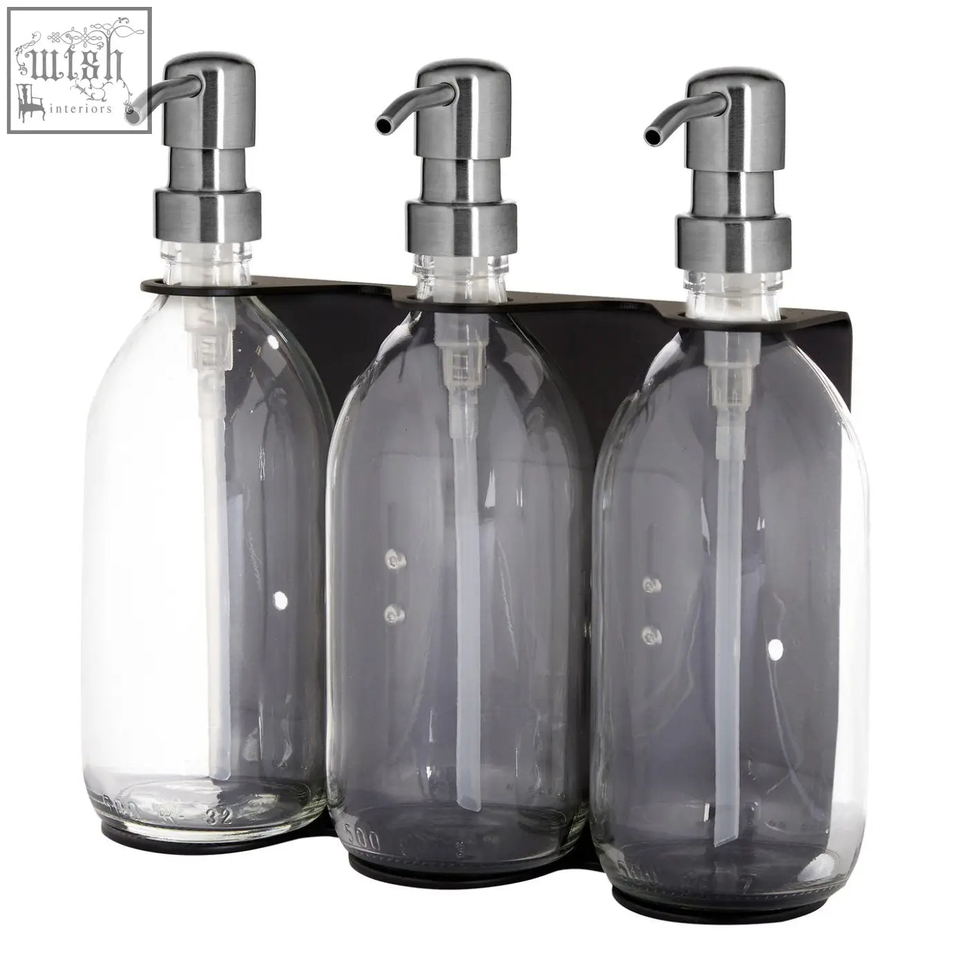Black triple wall mounted soap dispenser set with sleek transparent glass bottles and brushed stainless steel pumps