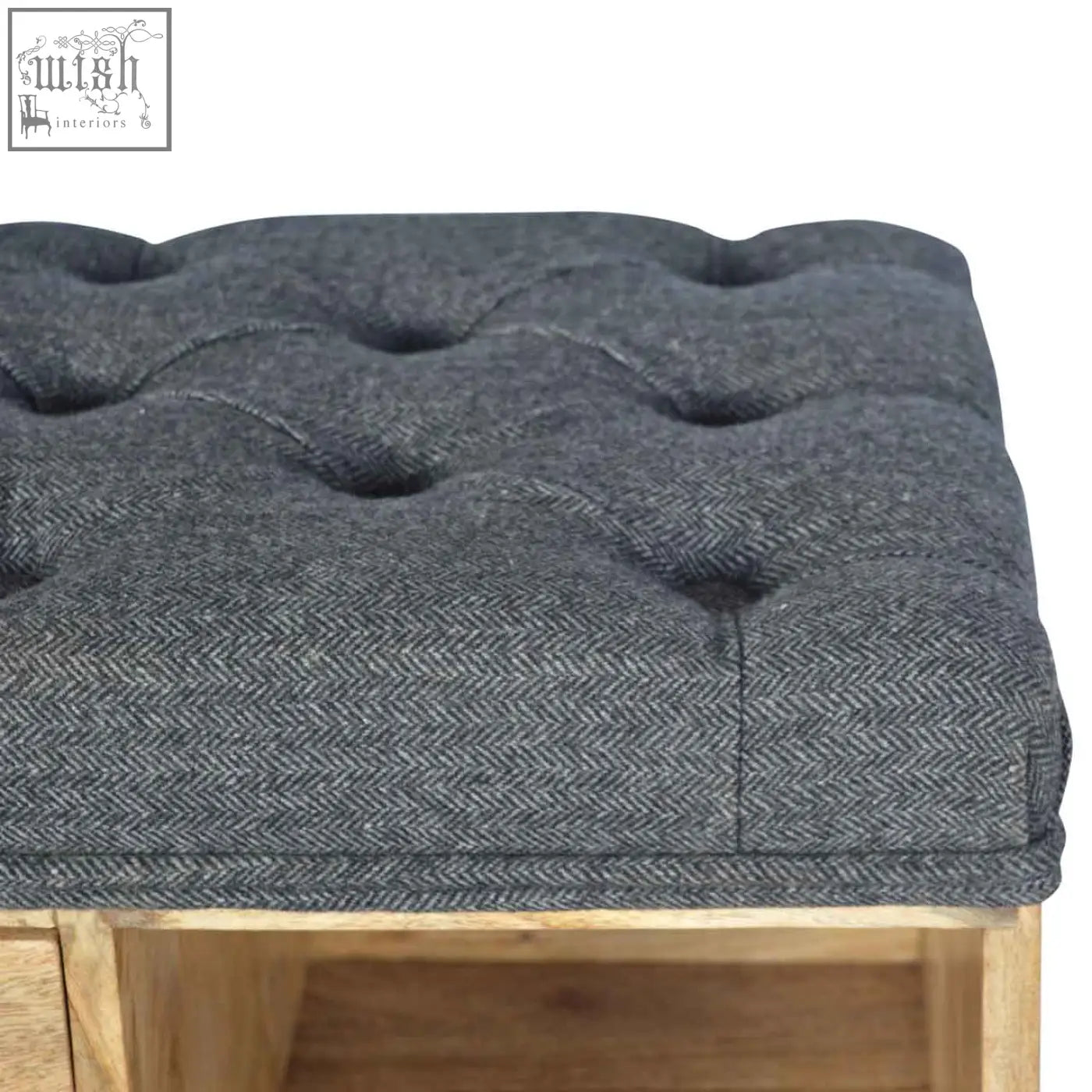 Black tweed 1-drawer bench with gray herringbone tweed tufted seat and mango wood frame for stylish seating