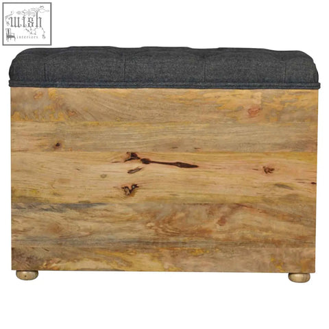 Black tweed 1-drawer bench with reclaimed mango wood storage, dark gray tufted fabric top, and brass feet