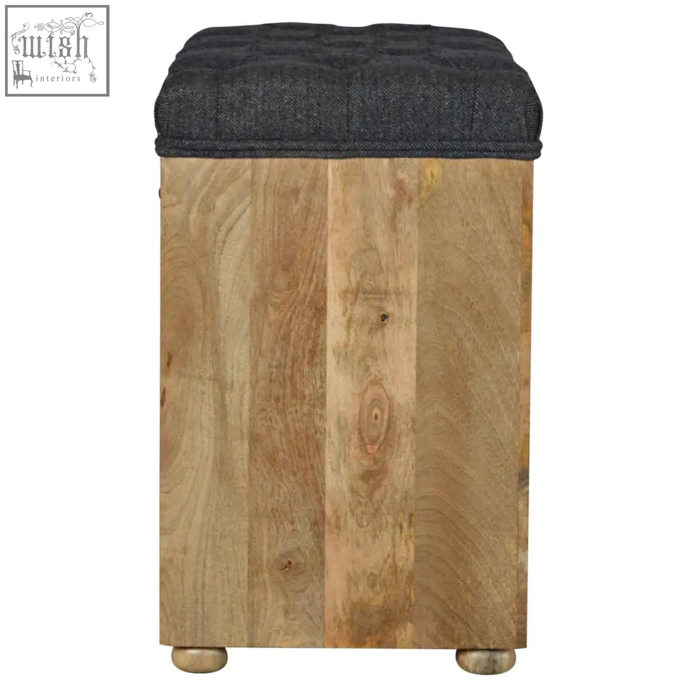 Black tweed 1-drawer bench with dark gray tufted top and natural mango wood grain sides for rustic storage seating