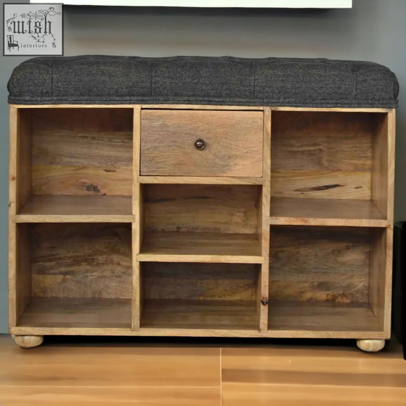 Black tweed 1 drawer bench with mango wood shoe rack base and dark gray upholstered top for entryway seating