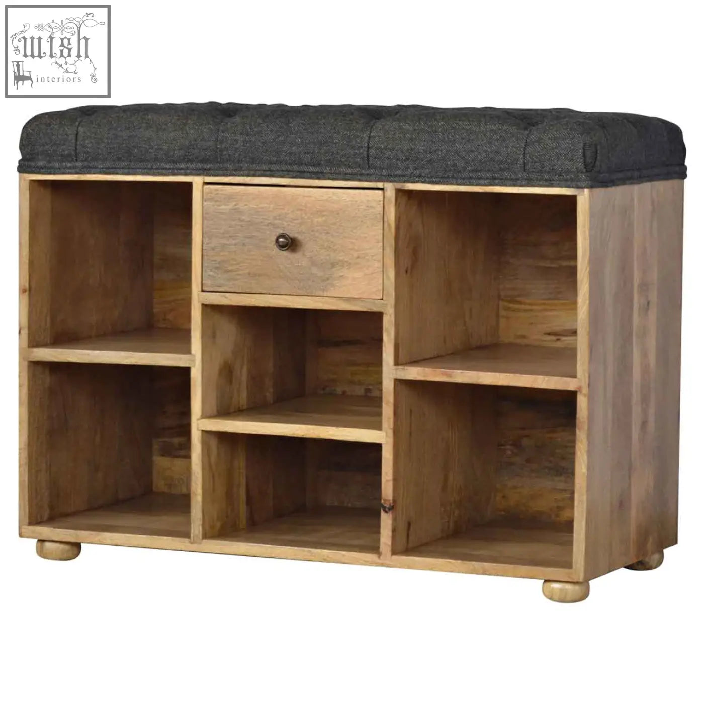 Black tweed 1-drawer bench with dark gray tufted top and mango wood shoe rack drawer for stylish storage