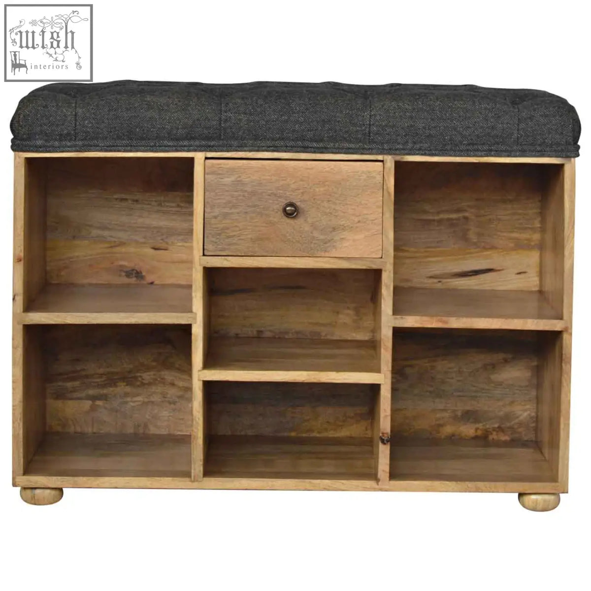 Wooden shoe rack bench with dark gray cushion and one drawer made of mango wood for entryway seating and storage