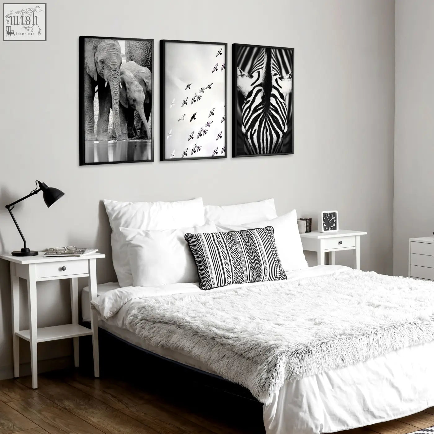 Black framed black white photography prints featuring african wildlife elephants zebra and birds wall art set of 3