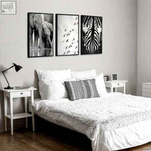 Black framed black white photography prints featuring african wildlife elephants zebra and birds wall art set of 3