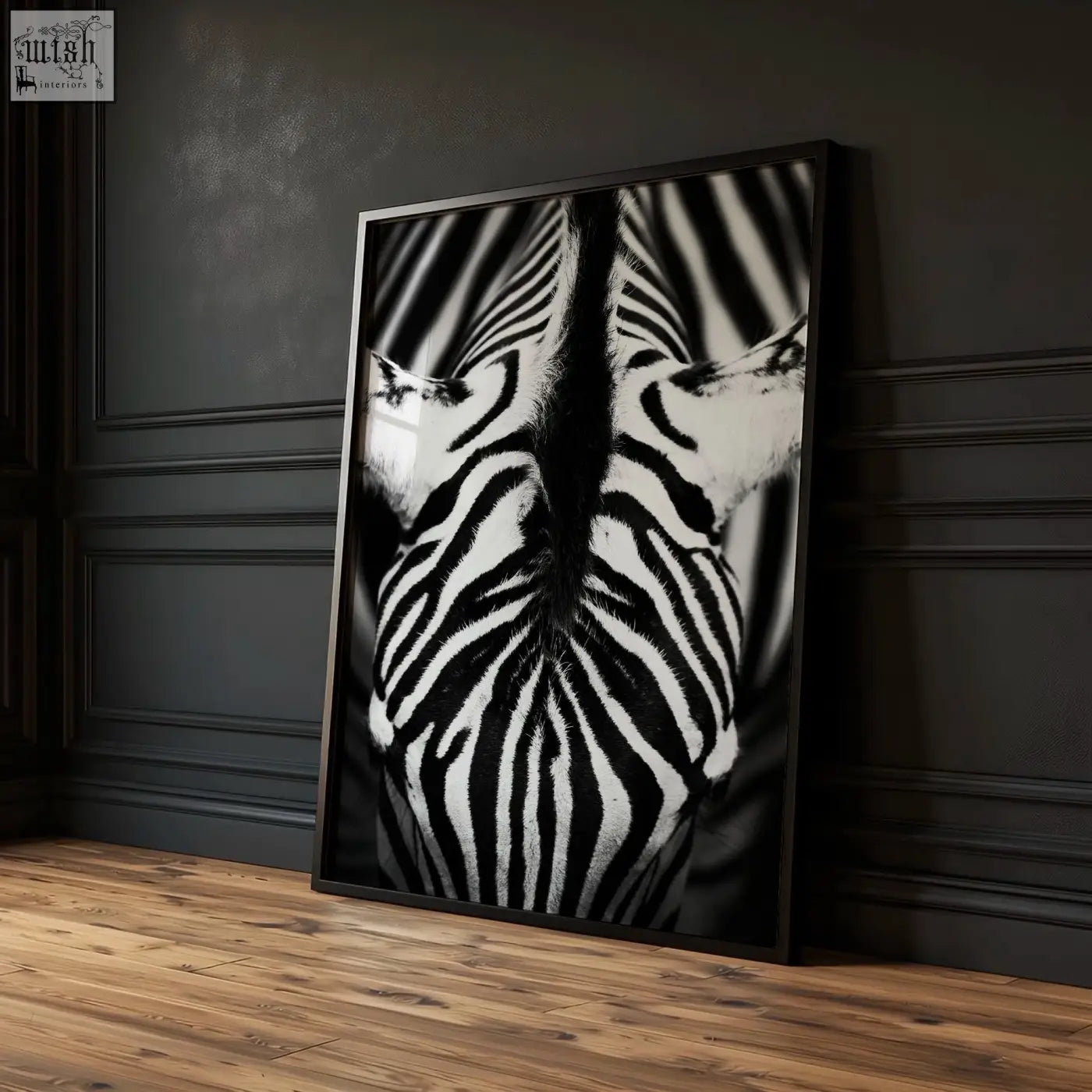 Black white photography print of two zebras facing each other showcasing their iconic striped patterns in a set of 3