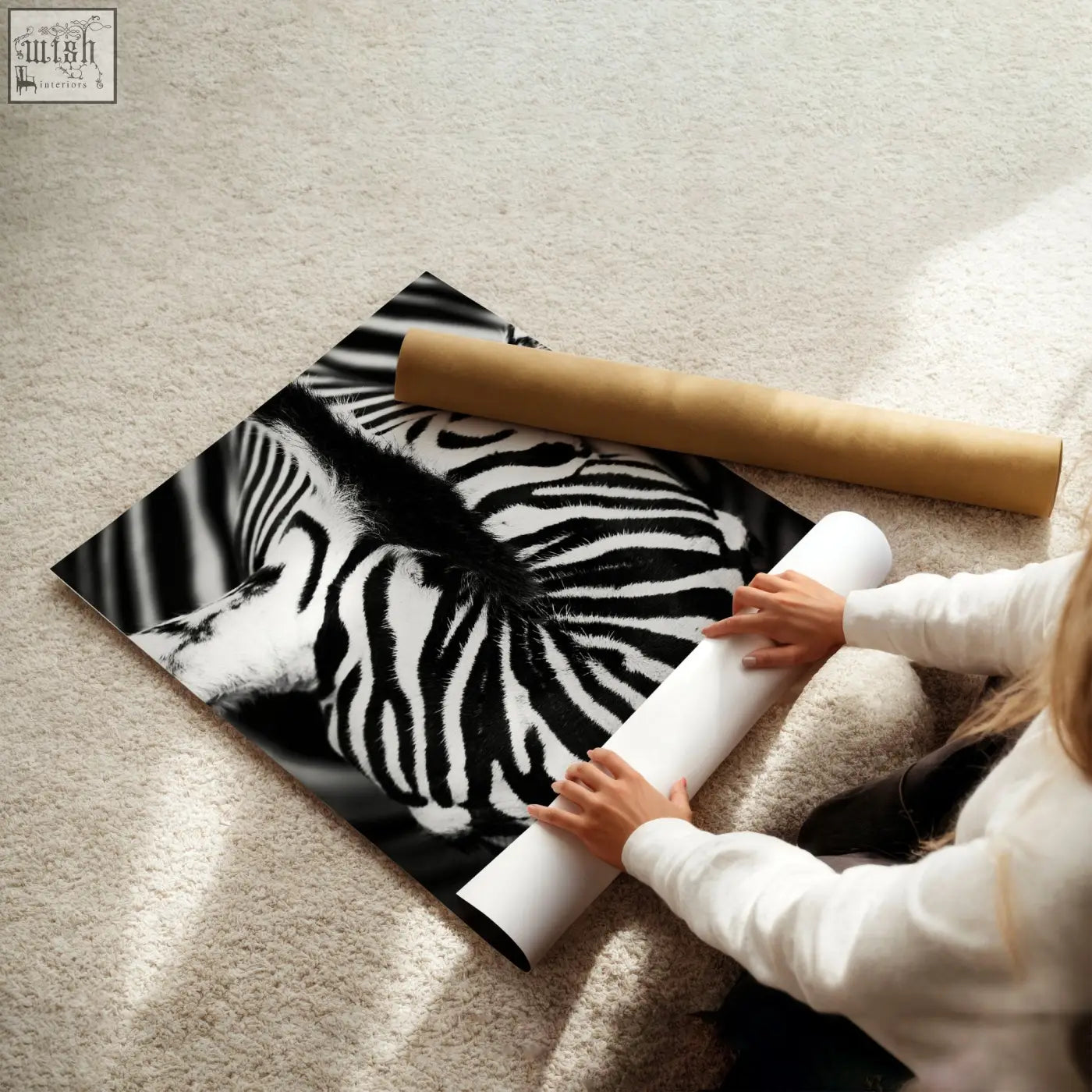 Black white photography print featuring a zebra pattern part of african wildlife wall art set of 3