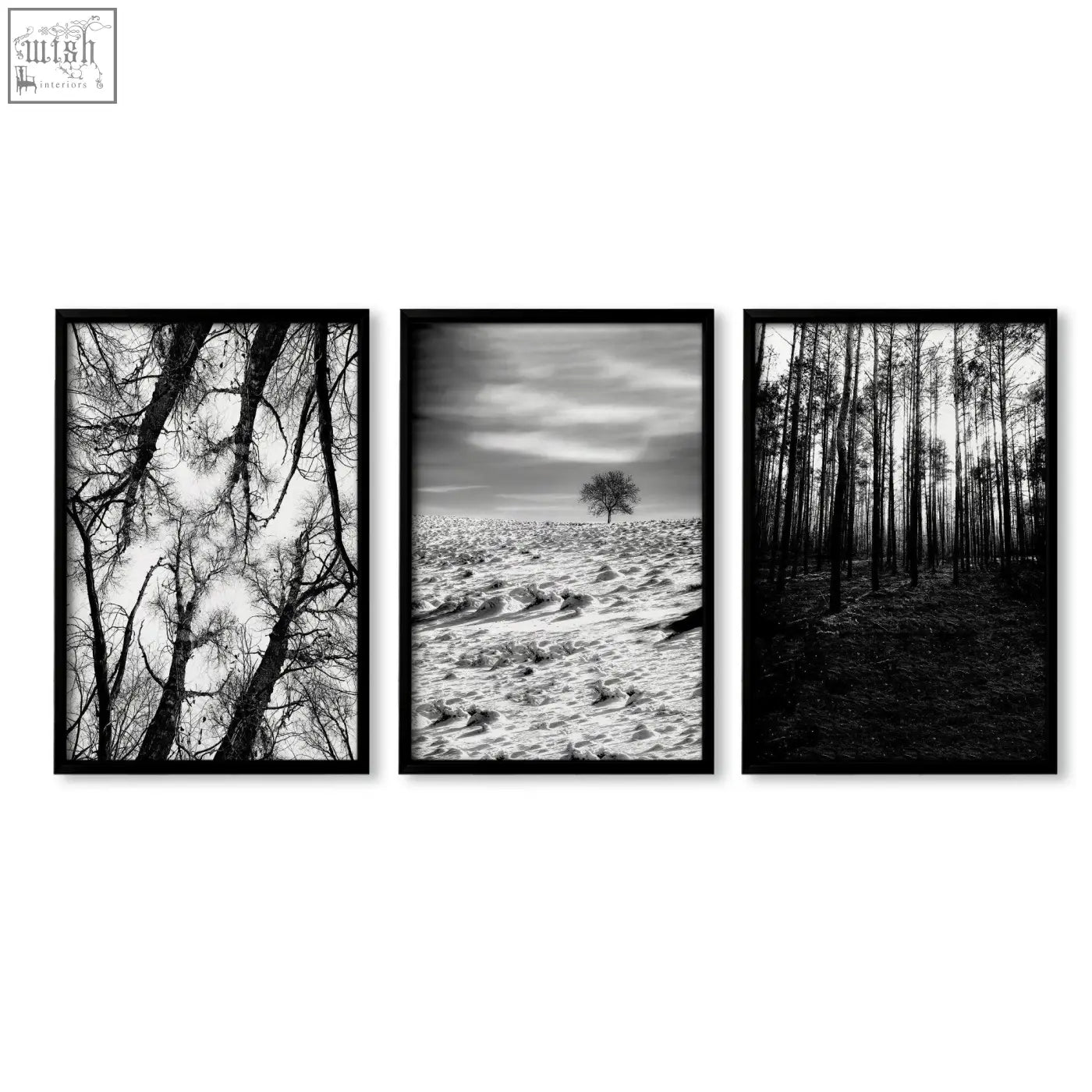 Set of three black framed black white photography prints featuring winter nature landscape wall art prints