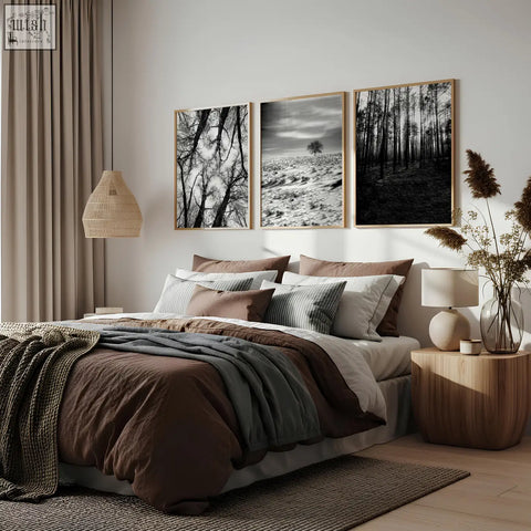 Three framed black white photography prints with winter nature landscapes in light wood frames above a bed