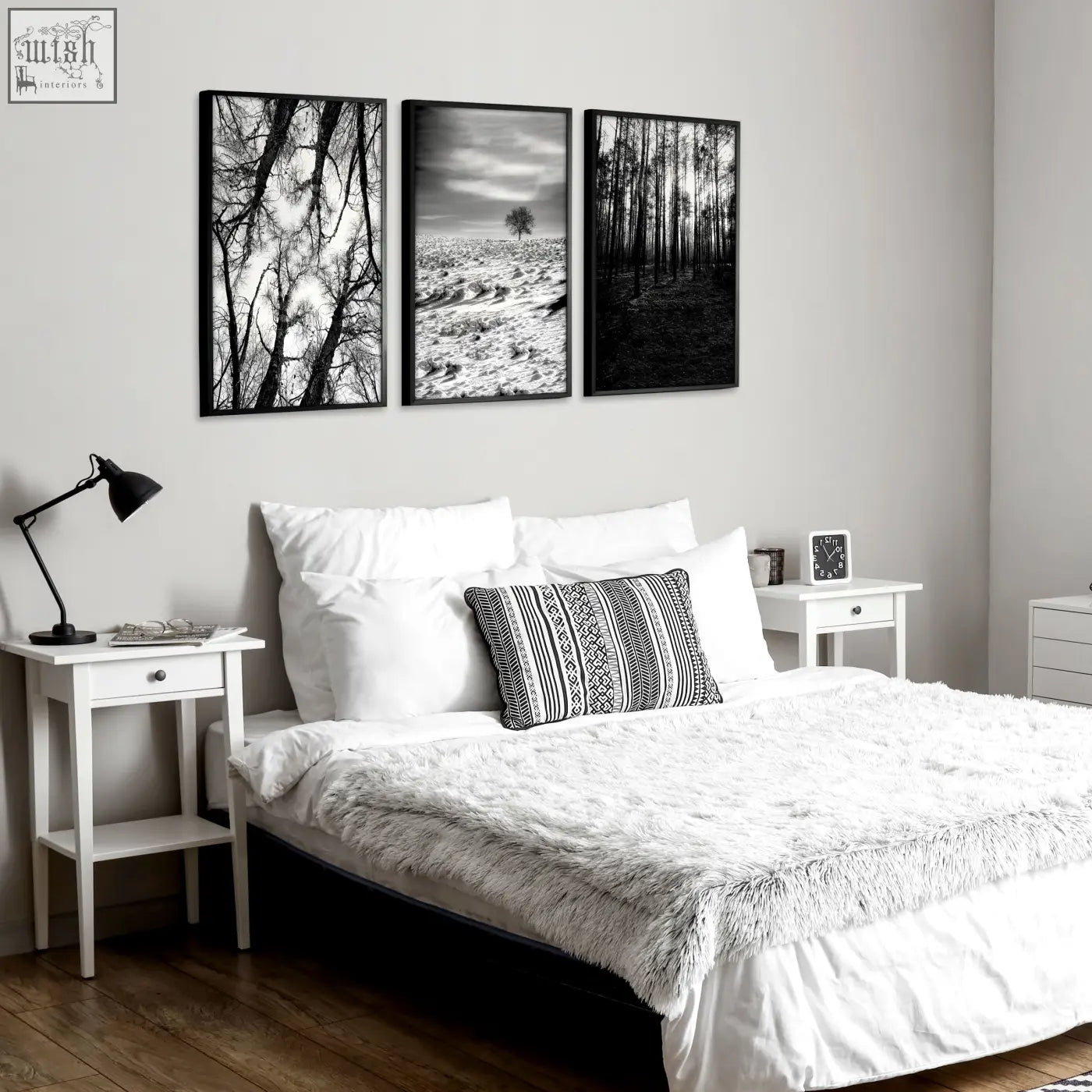 Black white photography canvas art set of three featuring tree silhouettes and snowy winter landscape prints