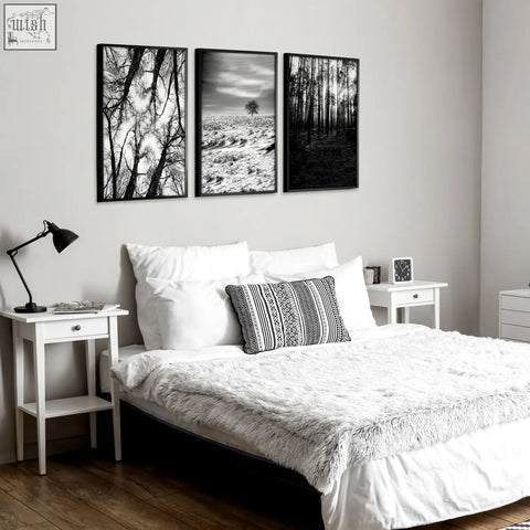 Black white photography canvas art set of three featuring tree silhouettes and snowy winter landscape prints
