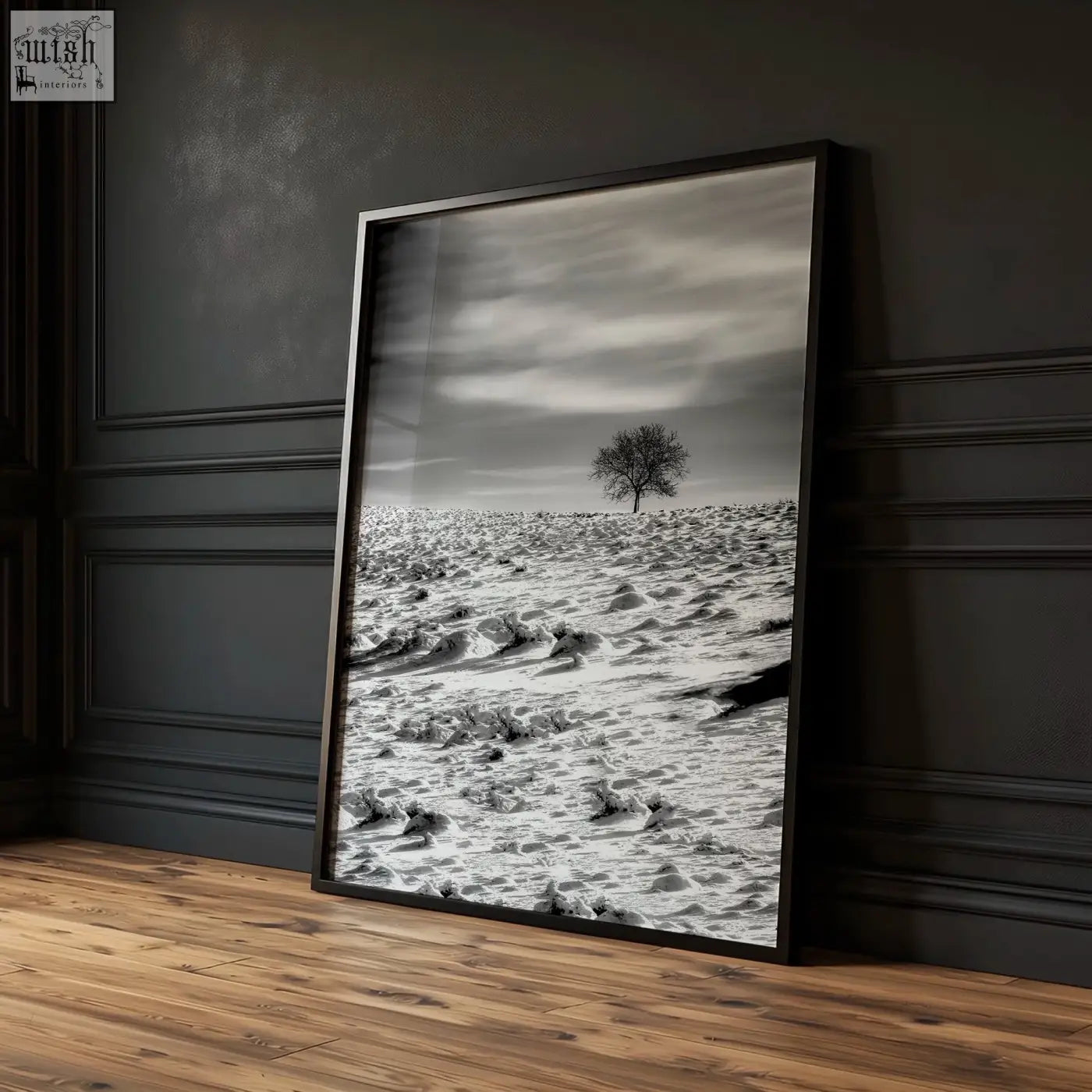 Black white photography print of a solitary tree in a snowy field part of winter nature landscape wall art set