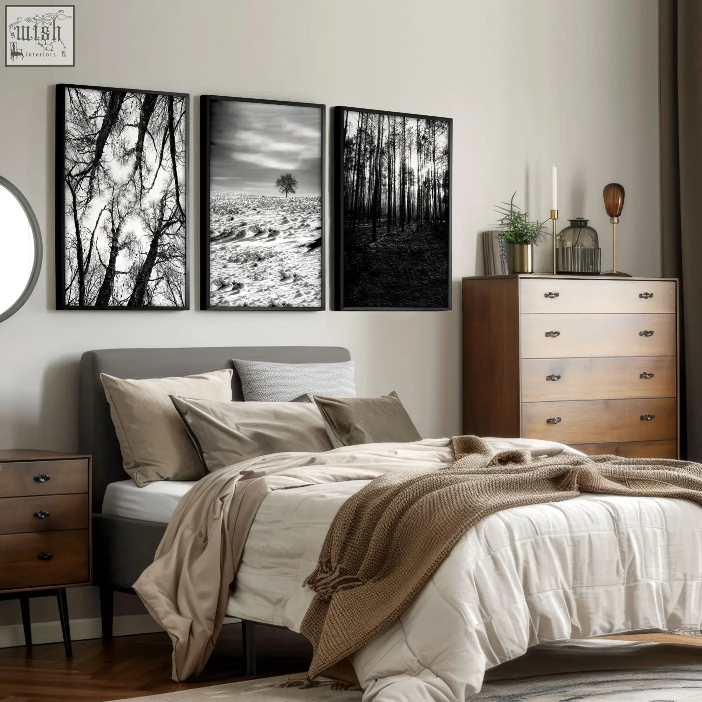 Set of three black white photography prints featuring winter forest scenes in black and white frames for wall art