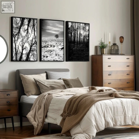Set of three black white photography prints featuring winter forest scenes in black and white frames for wall art