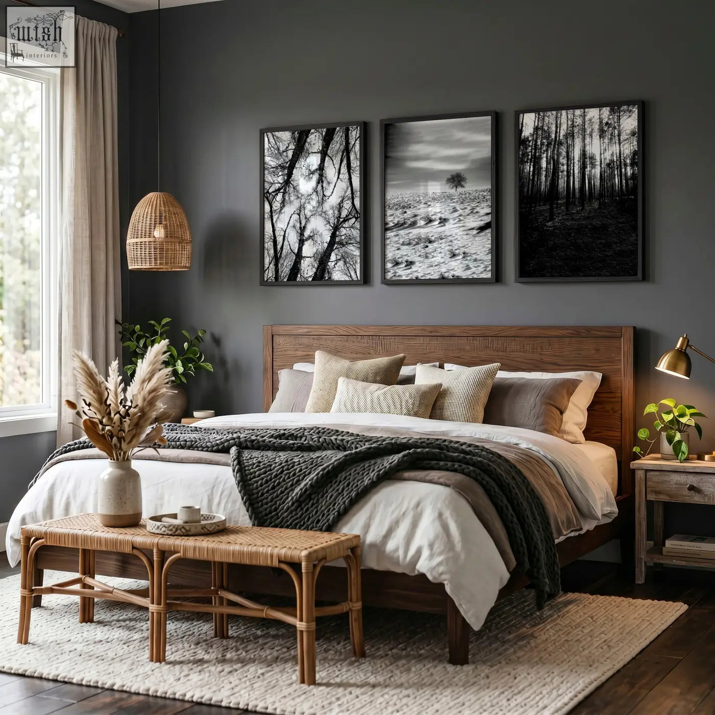 Dark gray wooden bed with woven rattan bench and black white photography winter nature landscape wall art prints set of 3