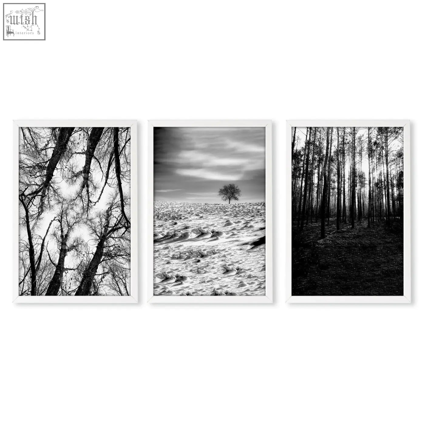 Set of three black white photography prints featuring tree silhouettes in winter nature landscape wall art