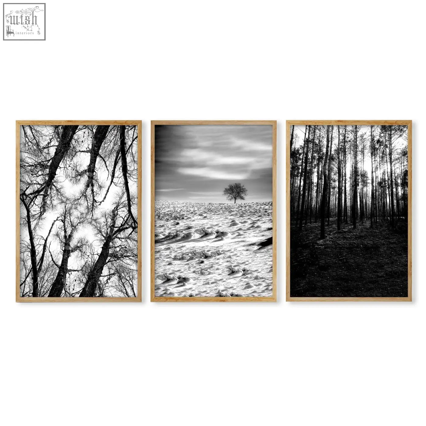 Set of three framed black white photography prints featuring winter nature landscapes in light wood frames for wall art