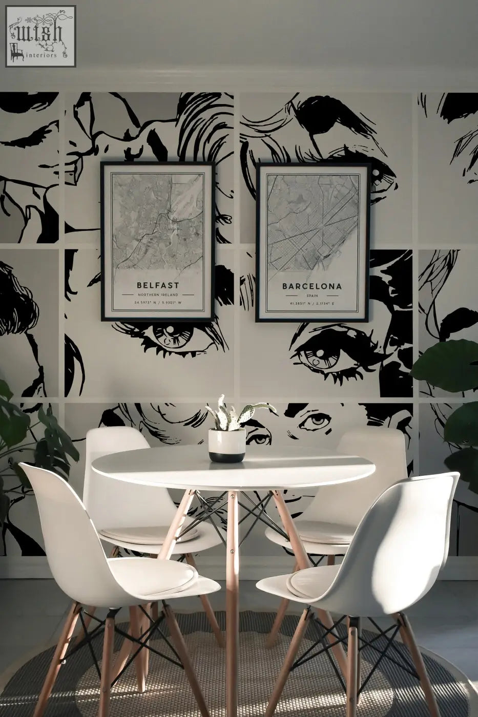 White round table with wooden legs in living space featuring black and white pop art contact clickwalls temporary wallpaper