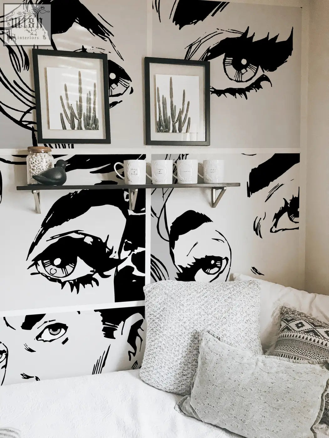 Black and white pop art wall mural with bold eye design on self adhesive removable wallpaper by contact clickwalls for living space