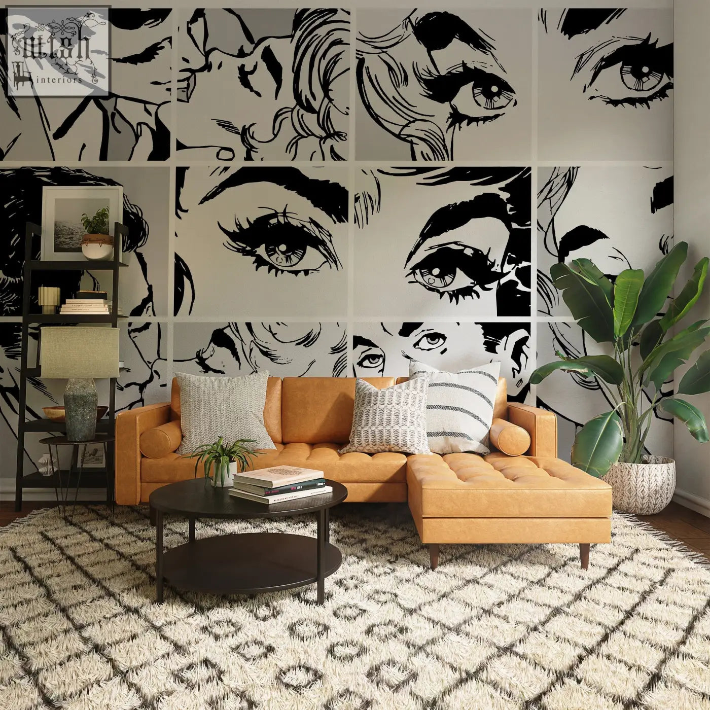 Tan leather sectional sofa with tufted cushions and wooden legs in a living space with contact clickwalls pop art wallpaper