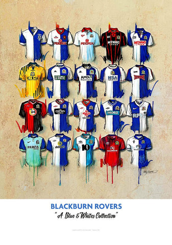 A limited edition blackburn rovers a2 print showcasing vibrant blue and white jerseys across eras by terry kneeshaw