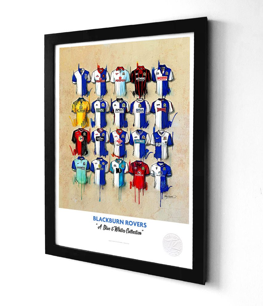 Blackburn rovers framed print featuring a blue and whites collection of illustrated jerseys in various colors and designs