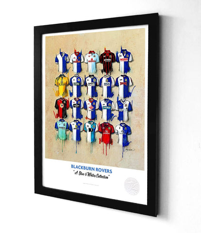 Blackburn rovers framed print featuring a blue and whites collection of illustrated jerseys in various colors and designs