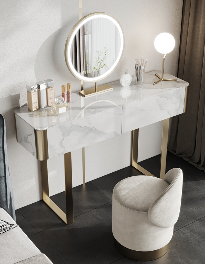 Modern blakely dressing table with white marble top gold leg and integrated circular led mirror