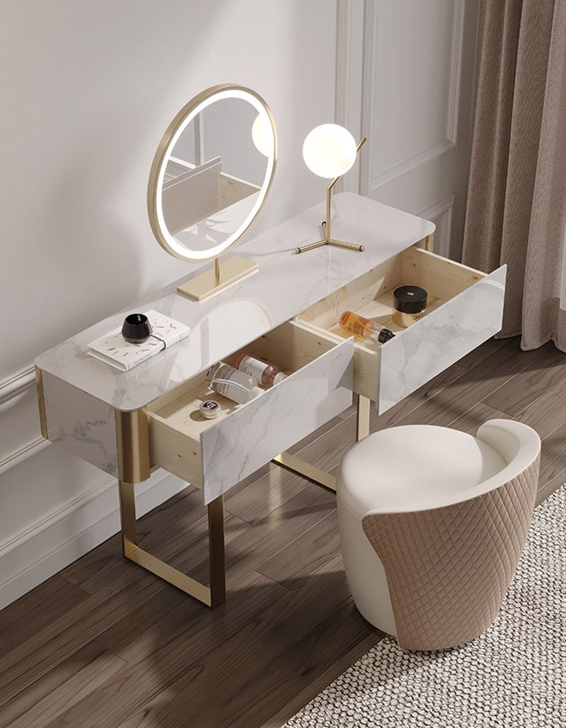 Modern blakely dressing table with marble effect top gold leg and circular led mirror for stylish vanity setup