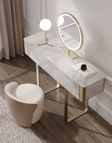 Modern blakely dressing table with marble effect top gold leg frame and integrated circular led mirror
