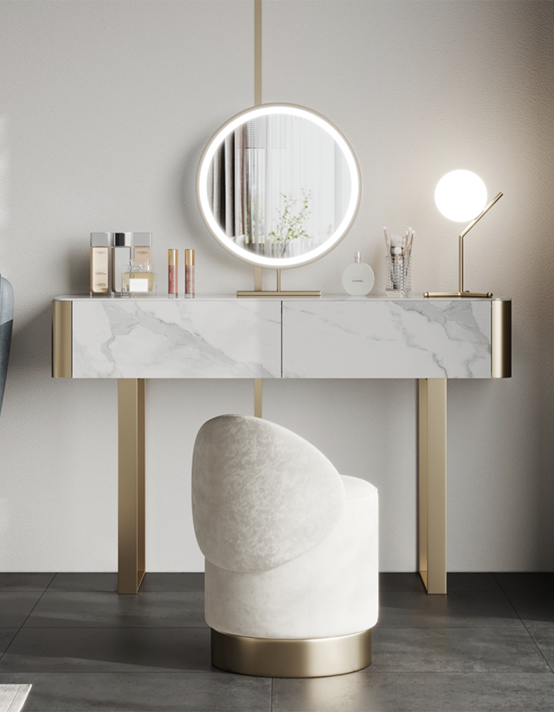 Modern blakely dressing table with gold leg and white marble top featuring an illuminated circular mirror above