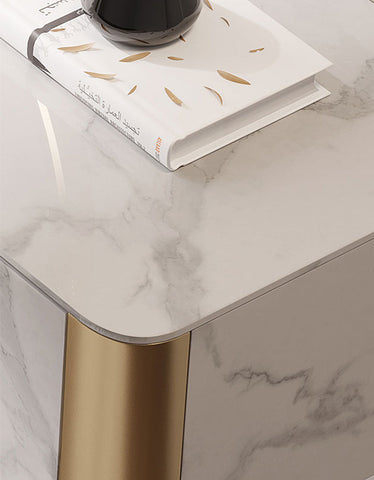 White marble top blakely dressing table side table with gold finished cylindrical leg and marble effect design