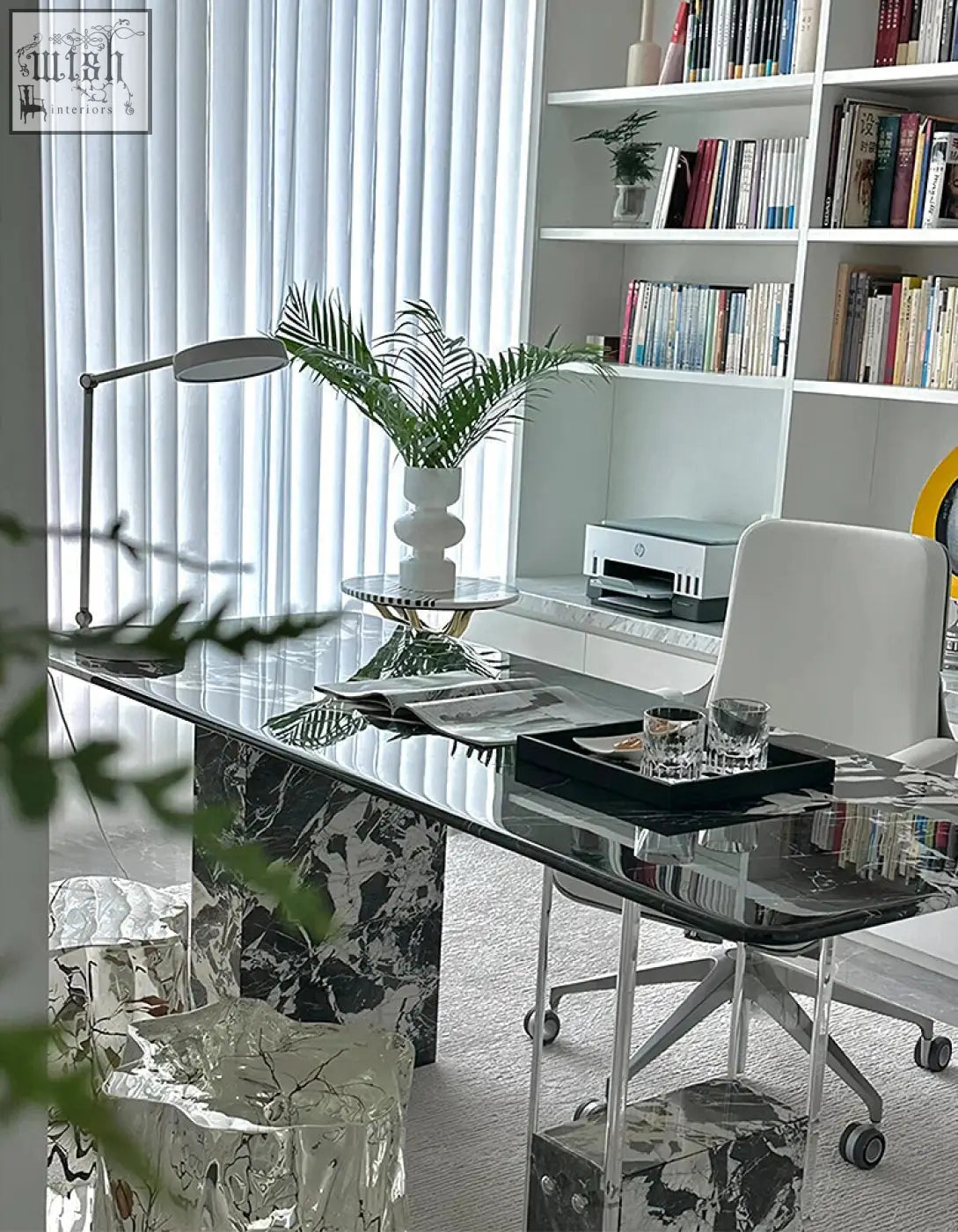Glass blanchard office desk with black and white marble legs featuring art deco acrylic and marble design
