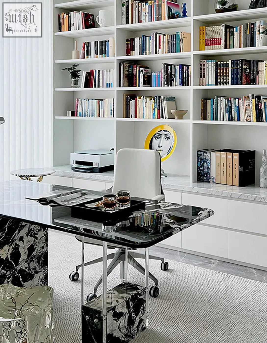 Blanchard office desk with black marble glossy veined surface and chrome legs perfect for office desk use in art deco style