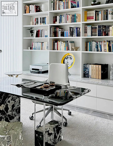 Blanchard office desk with black marble glossy veined surface and chrome legs perfect for office desk use in art deco style