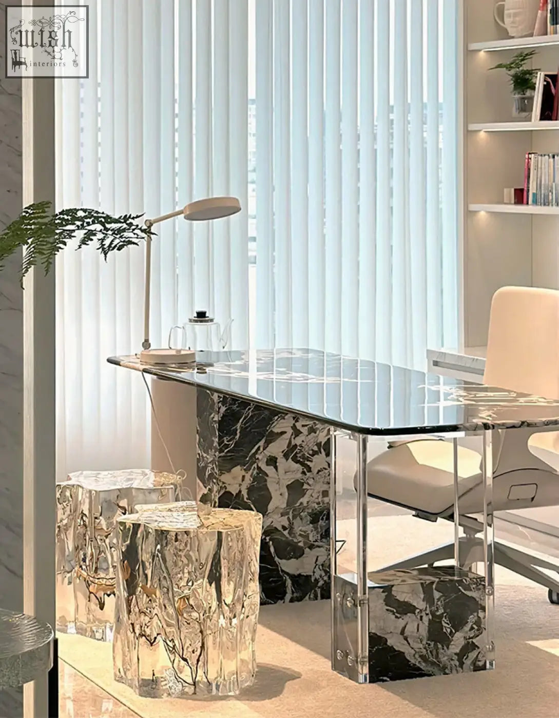 Modern blanchard office desk with glass top, black and white marble base, and chrome legs for an art deco look