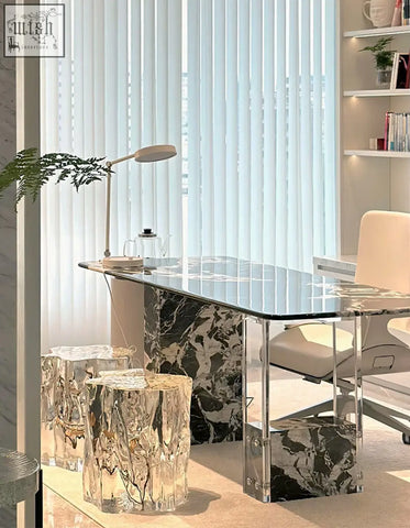 Modern blanchard office desk with glass top, black and white marble base, and chrome legs for an art deco look