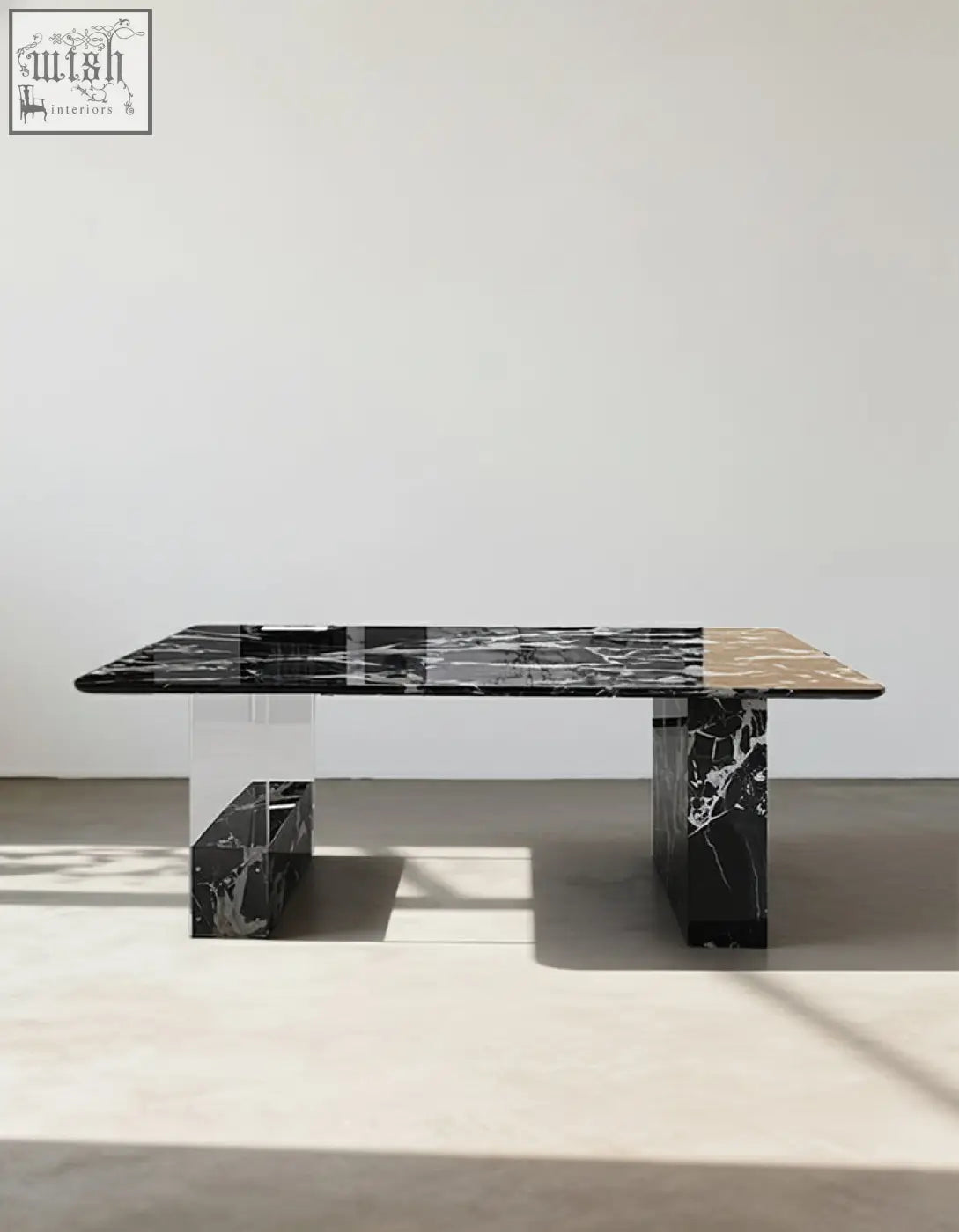 Blanchard office desk with black marble top featuring white veining and transparent acrylic legs in art deco style