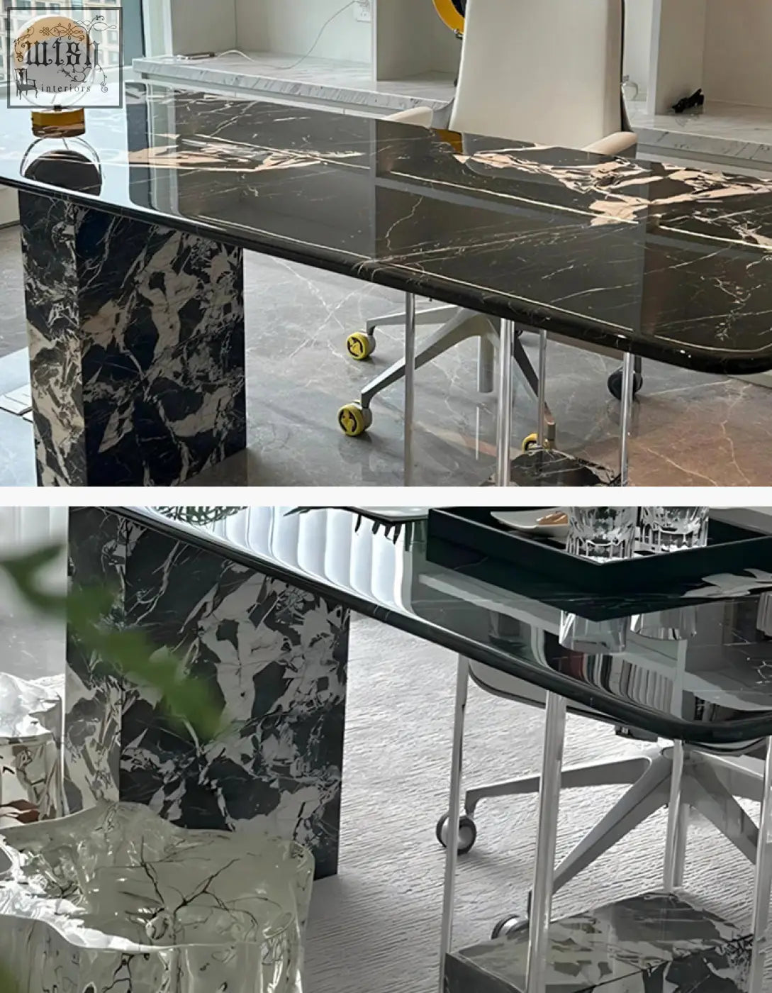 Black and white marble blanchard office desk with glossy acrylic finish perfect for art deco office spaces