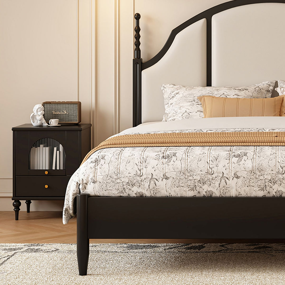 Black wrought iron blanche king size bed frame with curved headboard and upholstered panel for super king size use