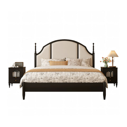 Dark wood blanche king size bed with arched upholstered headboard paneling perfect for super king size rooms
