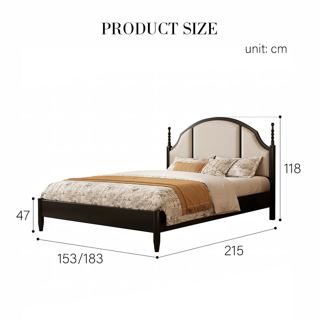 Dark wood blanche king size bed with curved beige upholstered headboard and turned posts in super king size