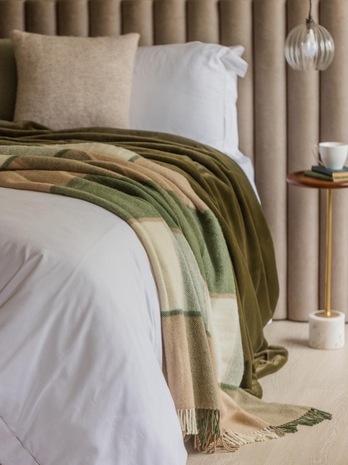 Olive and beige block check pure new wool throw blanket with fringed edges perfect for cozying up