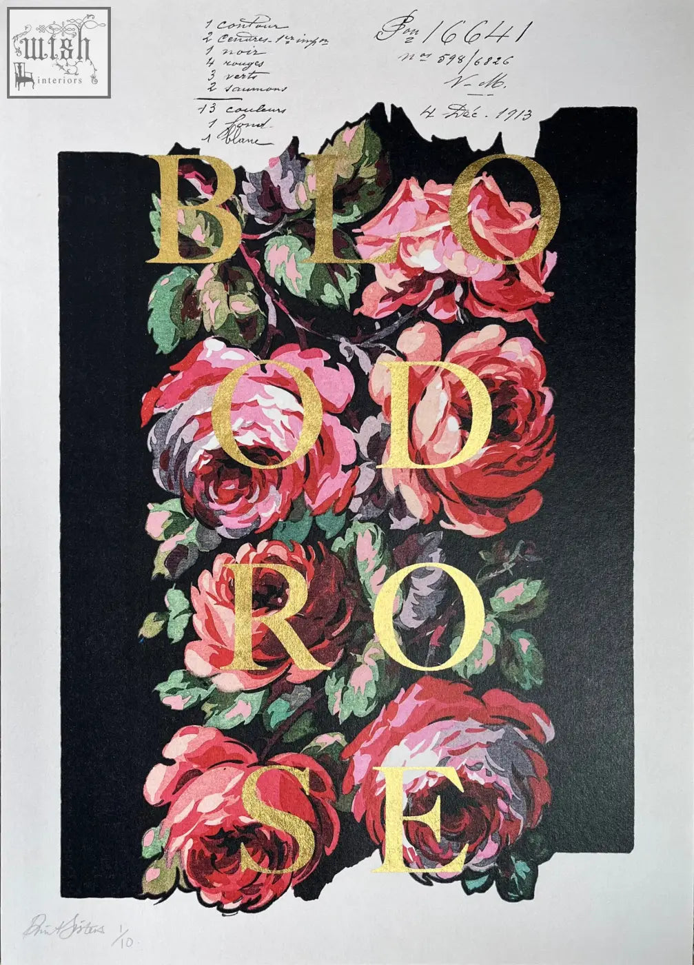 Limited edition blood rose poster print with bold gold leaf bloom text and vibrant red pink floral design