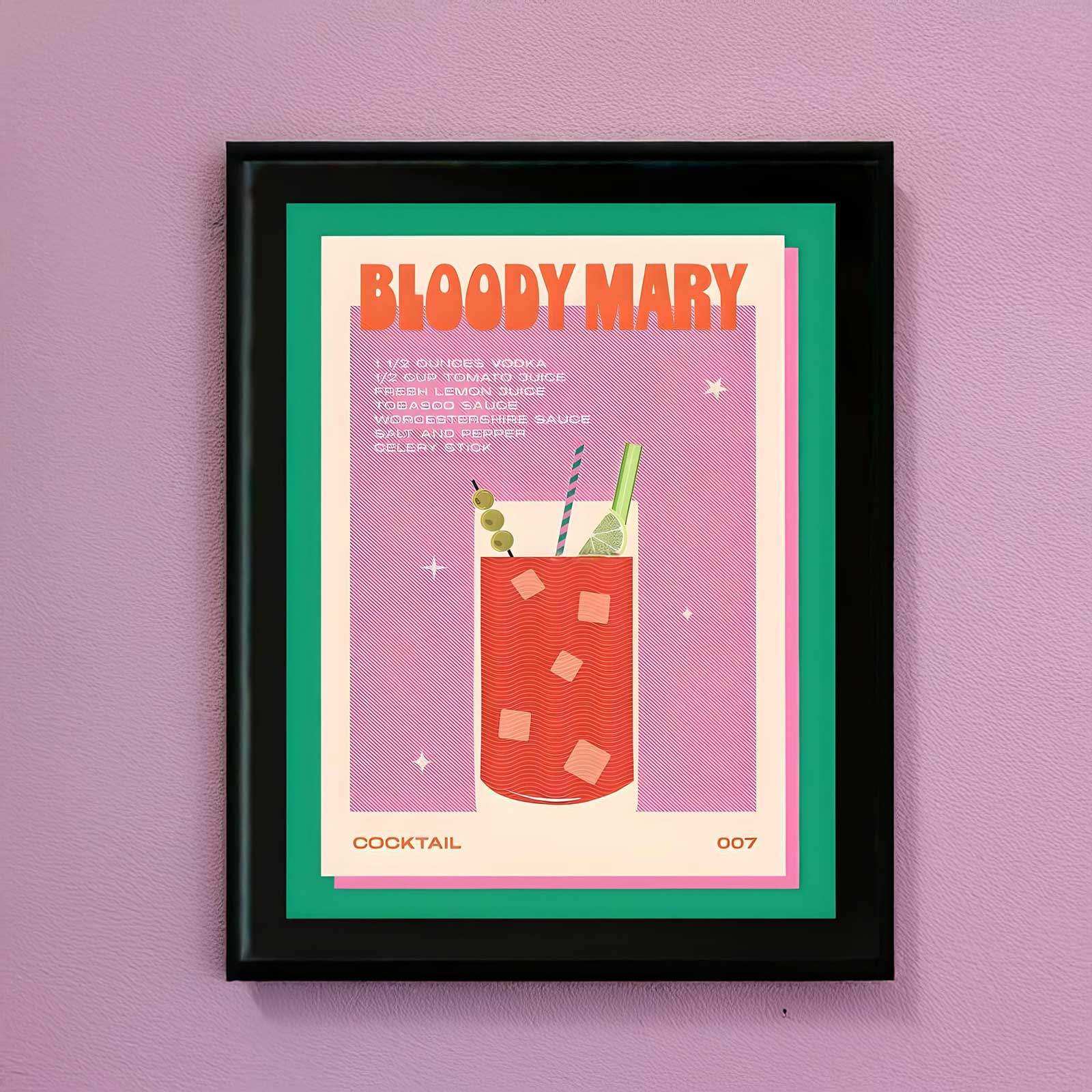 A vibrant retro-style framed bloody mary cocktail print featuring a red drink with olives and lime on pink background