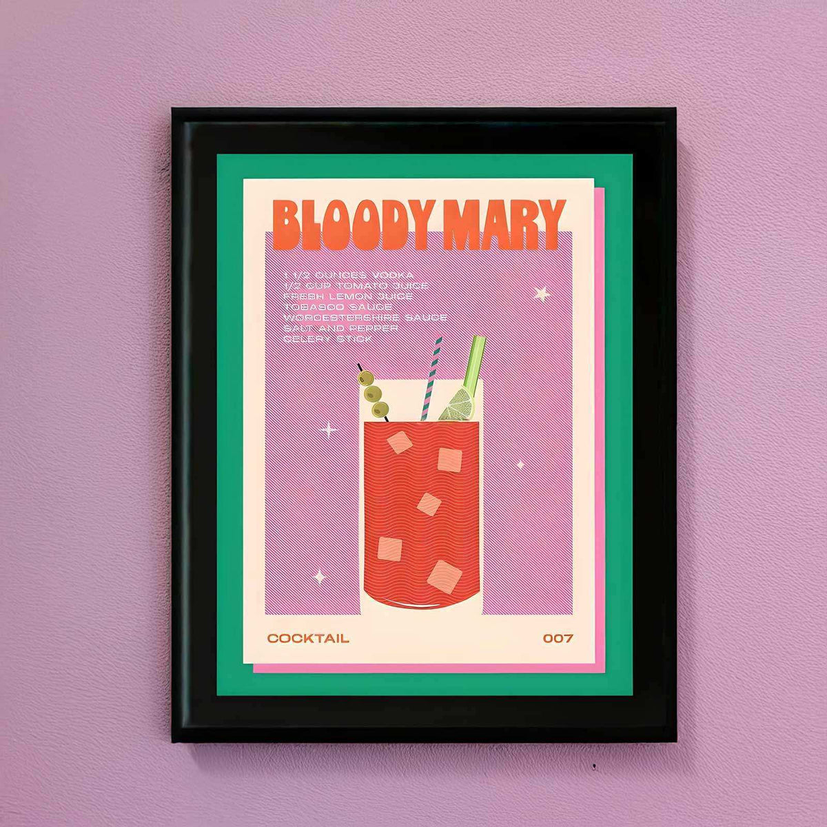 A vibrant retro-style framed bloody mary cocktail print featuring a red drink with olives and lime on pink background