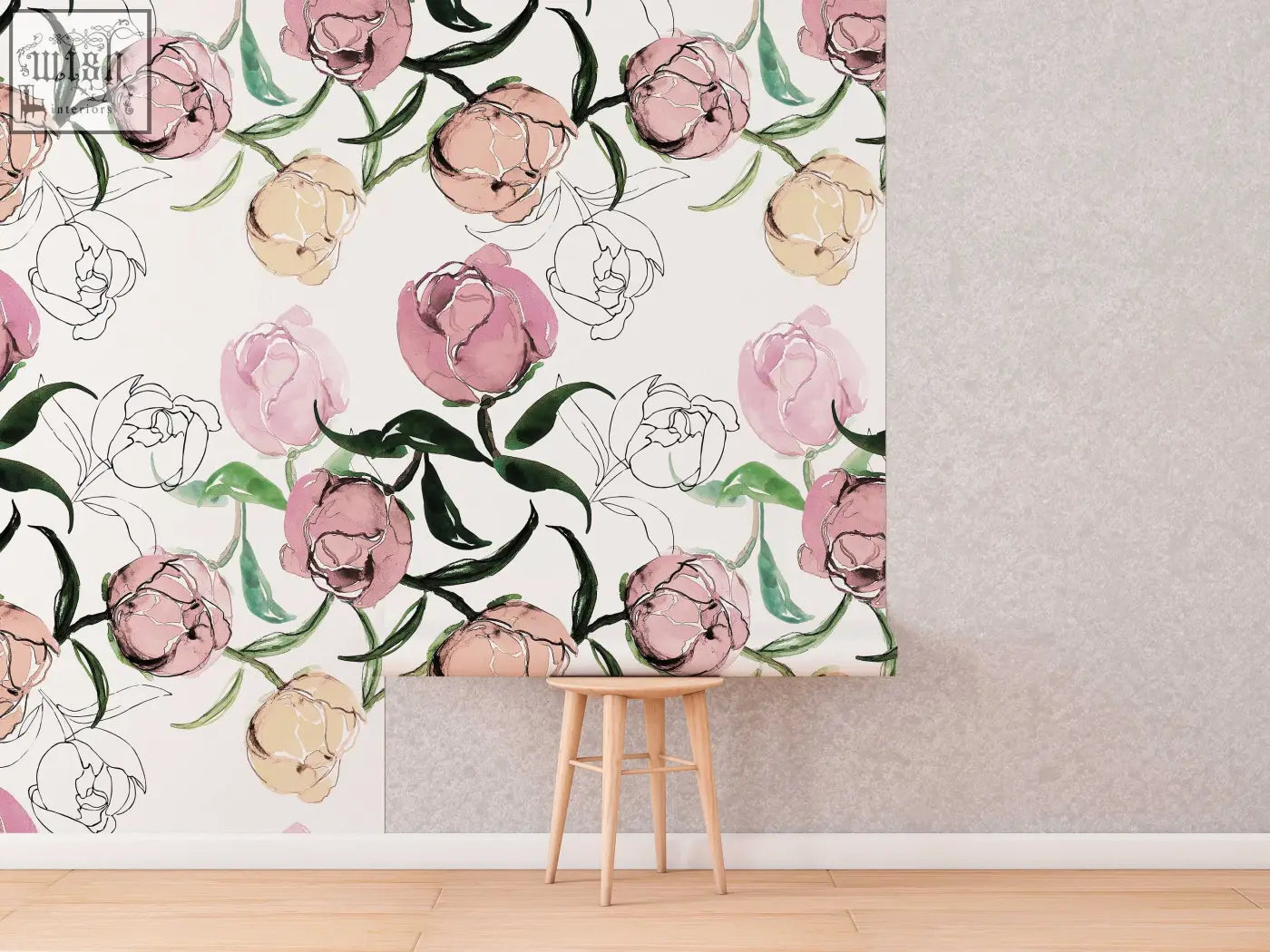 Blooming peonies removable pale floral wallpaper with pink and beige peonies on white for living space by clickwalls