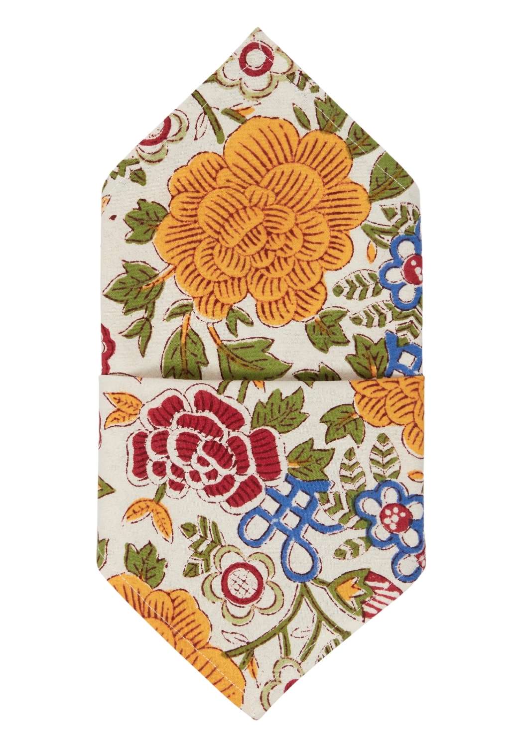 A cream-colored pocket square with vibrant yellow red and blue floral patterns perfect for blooming spring table napkins