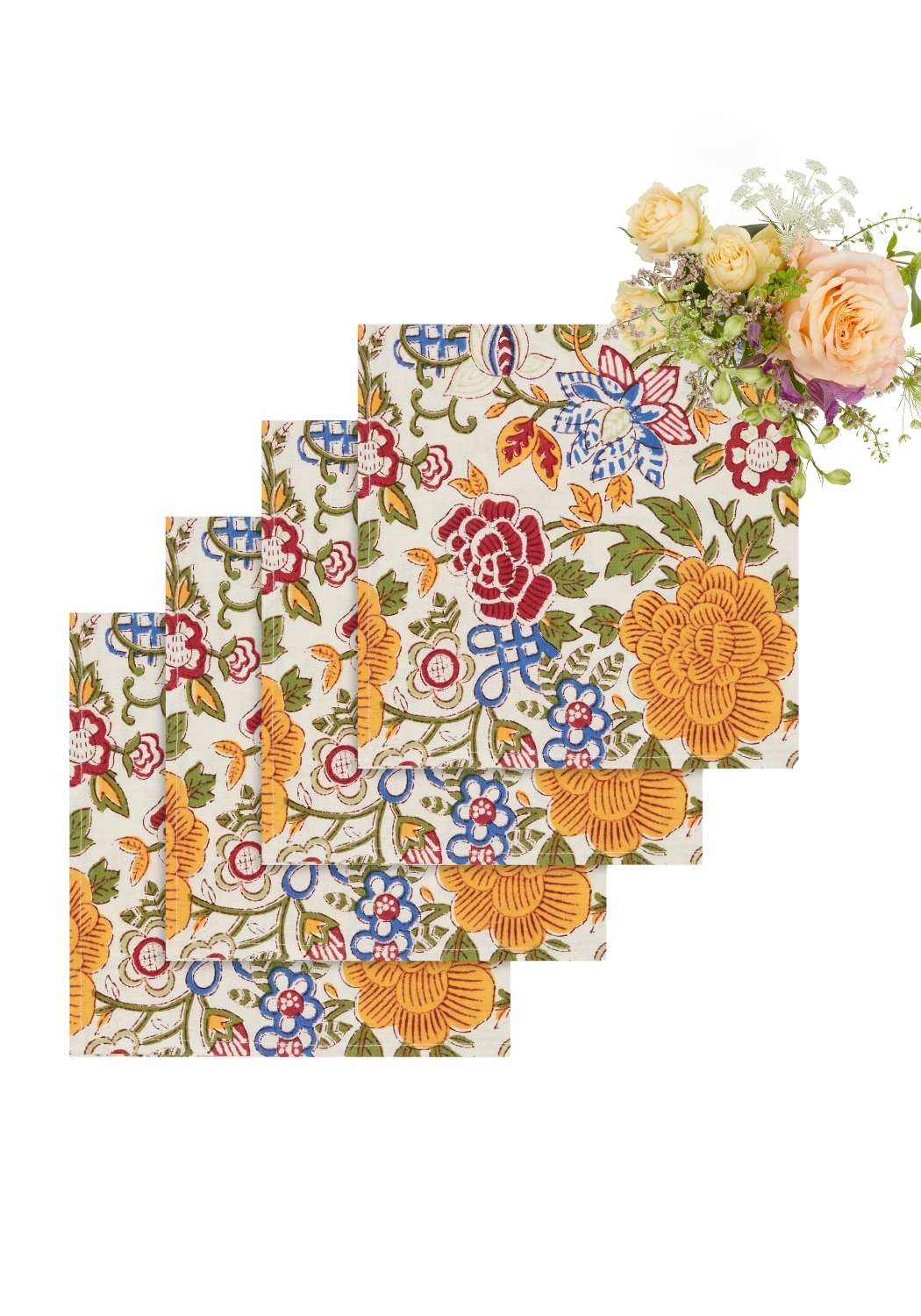 Set of four cream-colored cotton table napkins with vibrant red orange blue and green floral embroidery blooming spring design