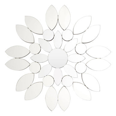 Silver floral blossom wall mirror with reflective petals and circular accents in a symmetrical design